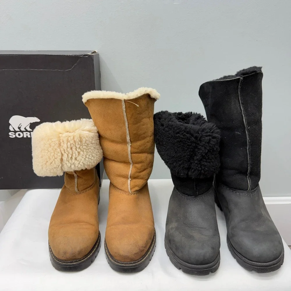 2 pair Sorel fold over‎ boots leather suede & shearling inner women's 7.5